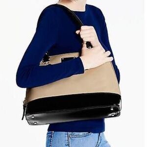 Cole Haan Colorblock Black Beige Leather Carryall Large Tote Big Bag Overnight